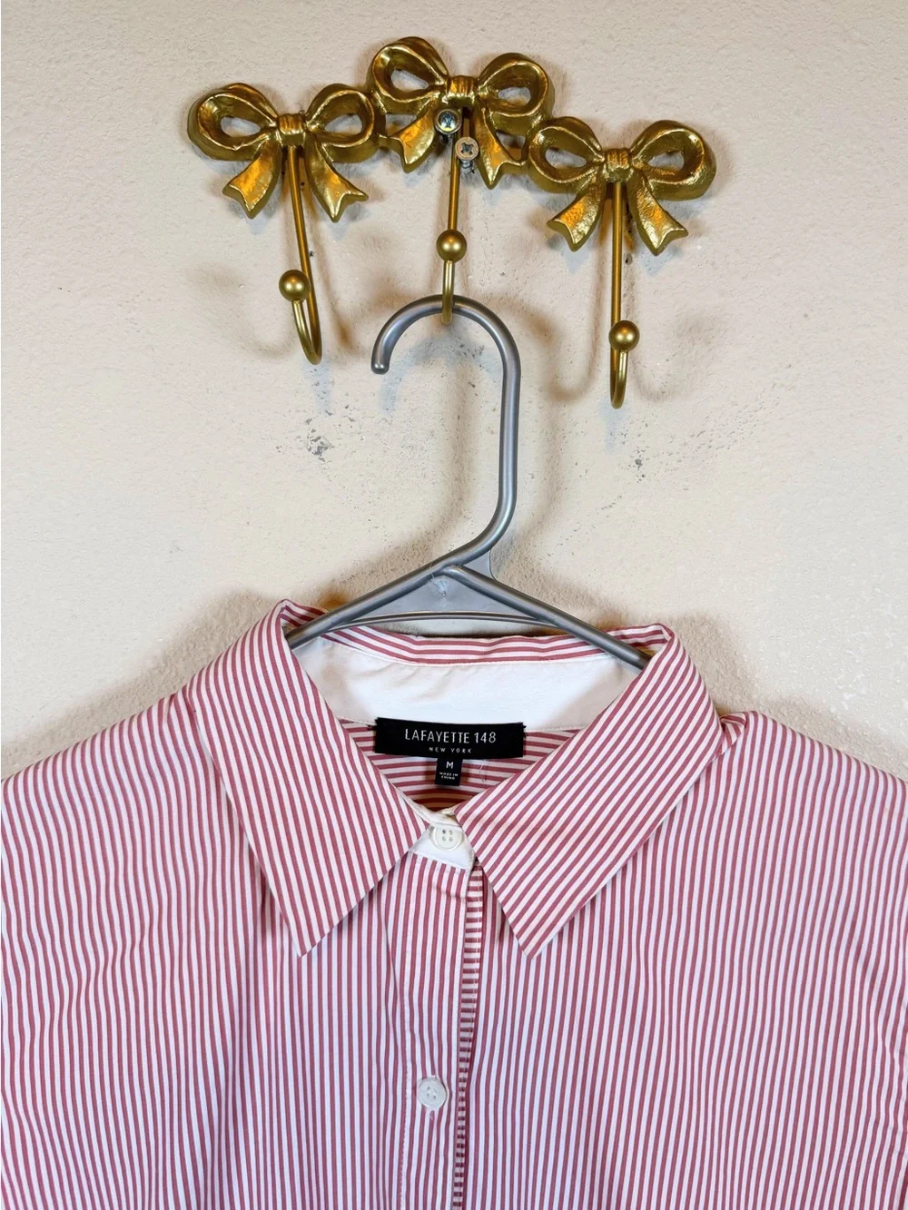 Lafayette 148 New York White Shirt with Red/Pink Stripes.  Size M - Picture 2 of 4